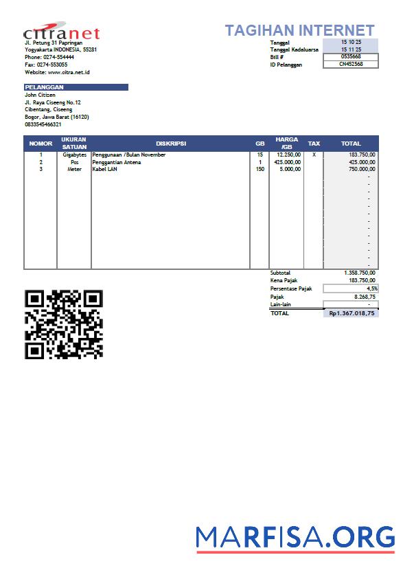 Realistic Indonesia Citranet utility bill template in Word and PDF formats